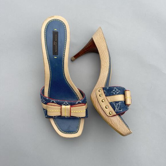 LOUIS VUITTOM Blue Monogram Denim Bow Platform Slide Mules, Size 37.5 US 7 - Picture 1 of 13